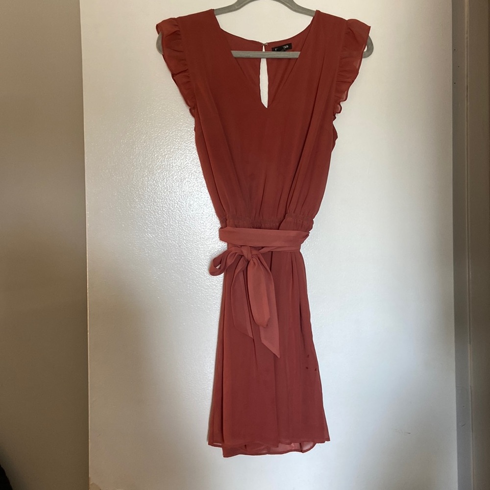 Coral color medium Flowey short ruffle sleeve dress with tie belt size medium
